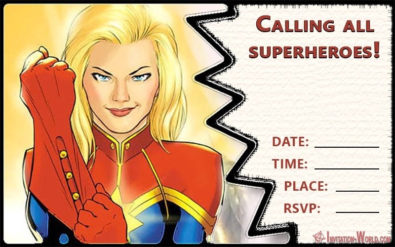 Captain Marvel Birrthday Party Invitation - Captain Marvel Invitation Cards